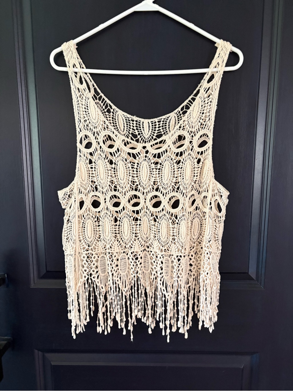 Boho Crochet Lace Fringe Vest Cover Up Ivory Open Knit Festival Hippie Osfm